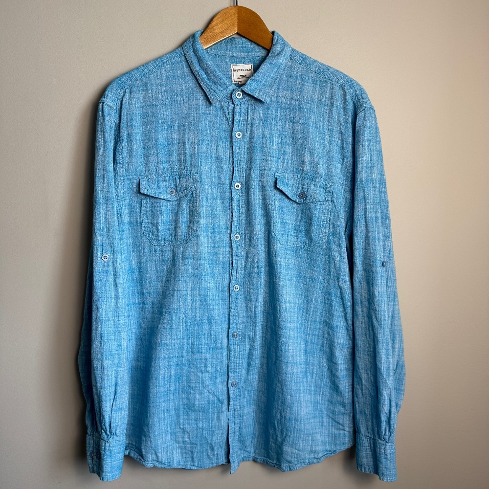 RedSquad Tailored Fit Men's Long Sleeve Cotton Button Up Shirt Blue XL Roll-Tab‎